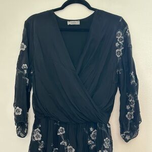Angel Moda Black and Silver embroidered silk blend top with White Floral Details
